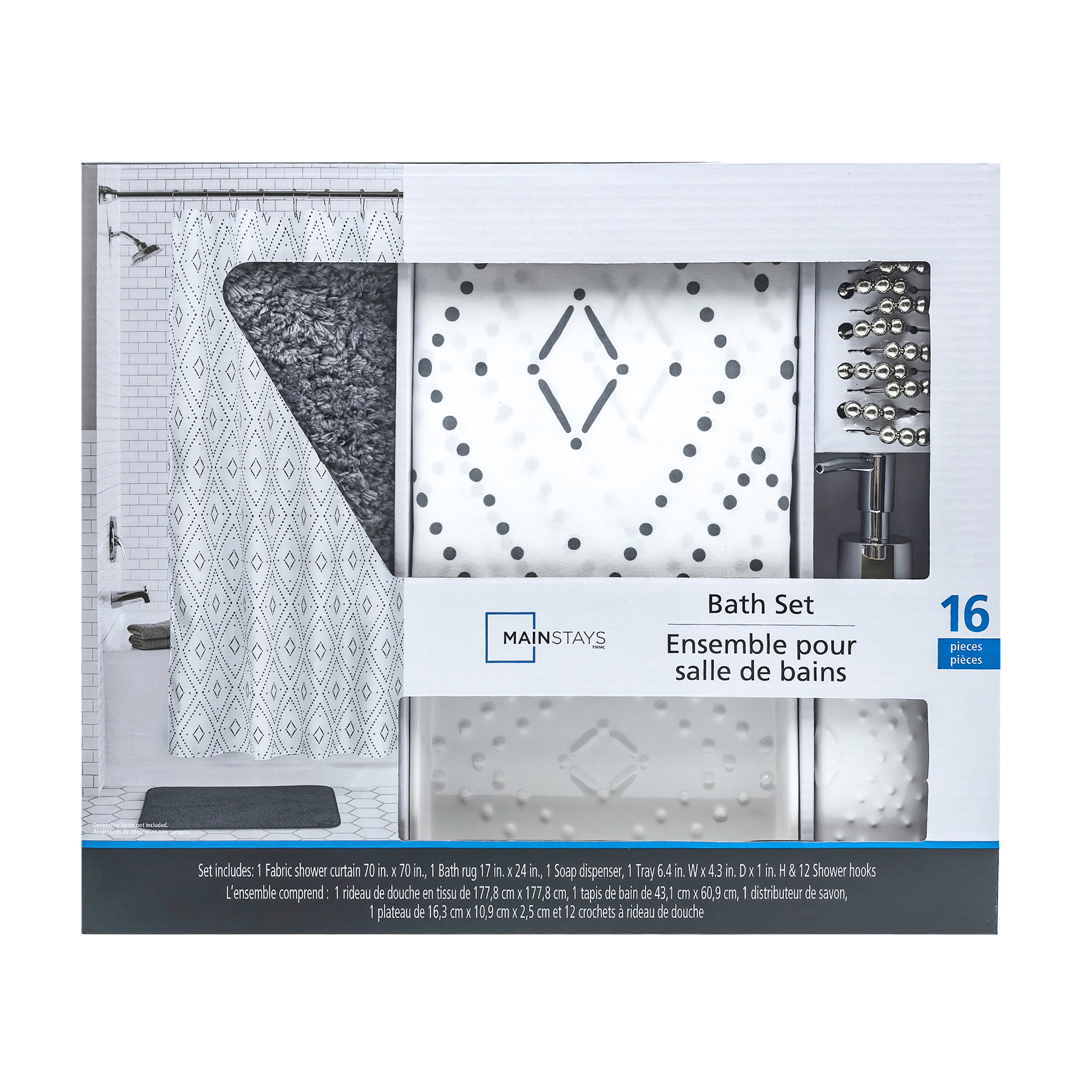 Mainstays 16-Piece Grey Diamond Geo Shower Curtain Bathroom Set – Fabric Curtain with Rug, Hooks, Soap Dispenser & Tray