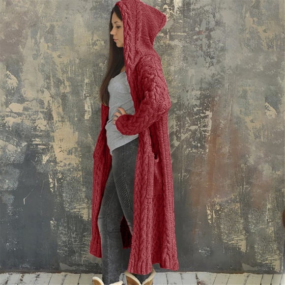 IMENGL Casual winter solid knitted loose hooded long cardigan sweater, Pink 2XL, Size M-5XL