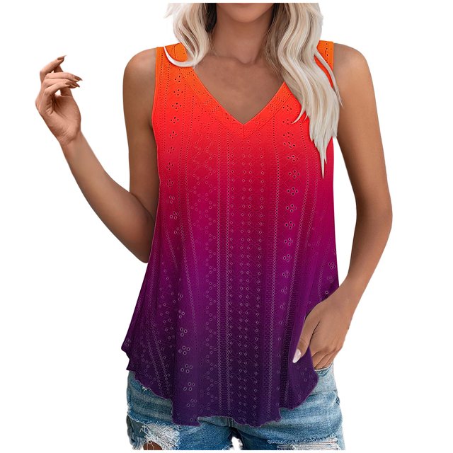 Plebaso Womens Tank Tops V Neck Gradient Lightweight Eyelet Shirts Flowy Loose Summer Sleeveless Blouses