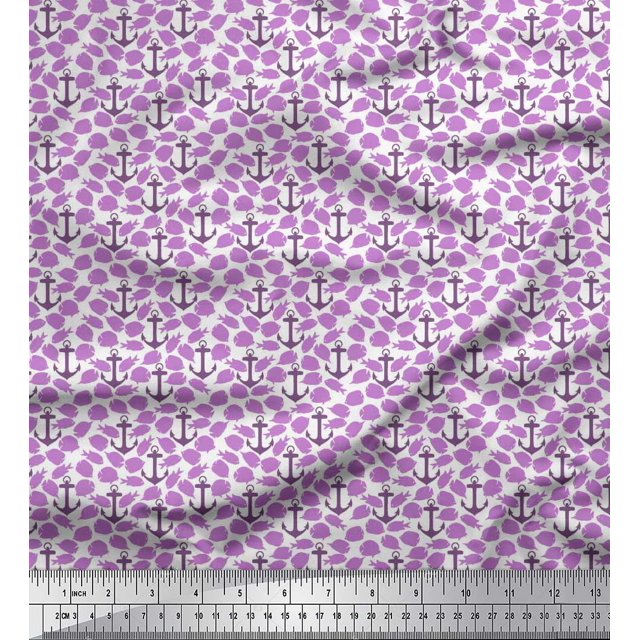 Soimoi polyester Crepe Fabric Fish & Anchor Hook Nautical Printed Fabric 1 Yard 52 Inch Wide