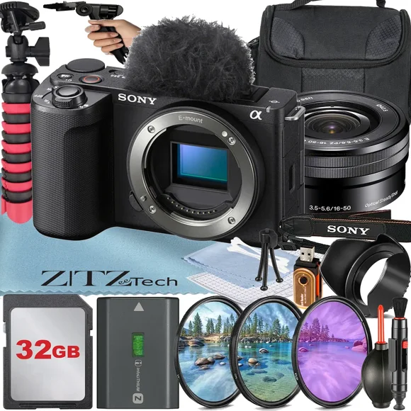 Sony ZV-E10 II Appareil Photo Sans Miroir (Noir) avec Objectif 16-50 mm + Carte 32 Go + Étui + Filtre 3 Pcs + Ensemble d'Accessoires ZeeTech