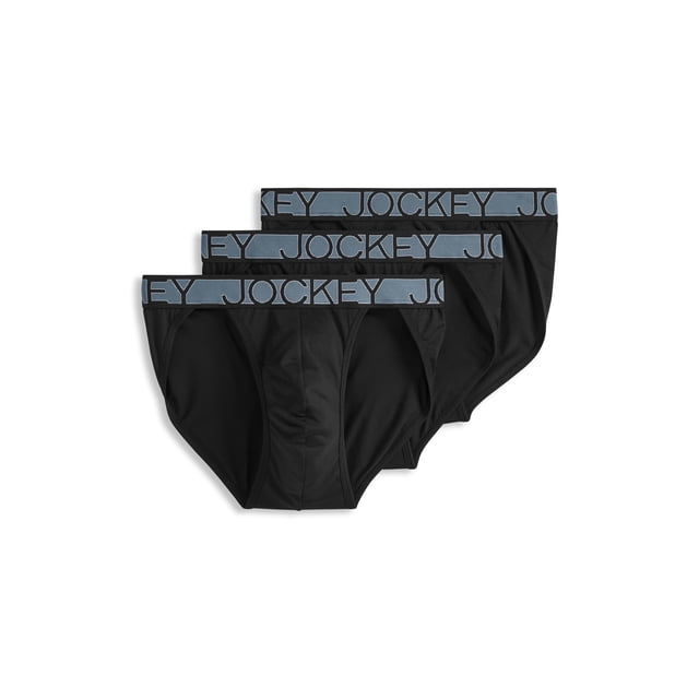 Jockey Bikini à Ficelles Extensible en Microfibre pour Hommes - Lot de 3 avec design Taille Basse et Couvrance Modérée. Fabriqué avec un Tissu Ultra Lisse Contenant du polyester Recyclé, Ces bikinis Noirs Incluent un design Sans Braguette, la Technologie Staycool+ pour Évacuer l'Humidité et la Technologie StayNew pour Réduire le Boulochage et la Décoloration. la Ceinture Ultra-Douce flex Assure le Confort Sans Creuser Ni Pincer. Lot de Trois avec Marque Jockey visible sur la Ceinture.