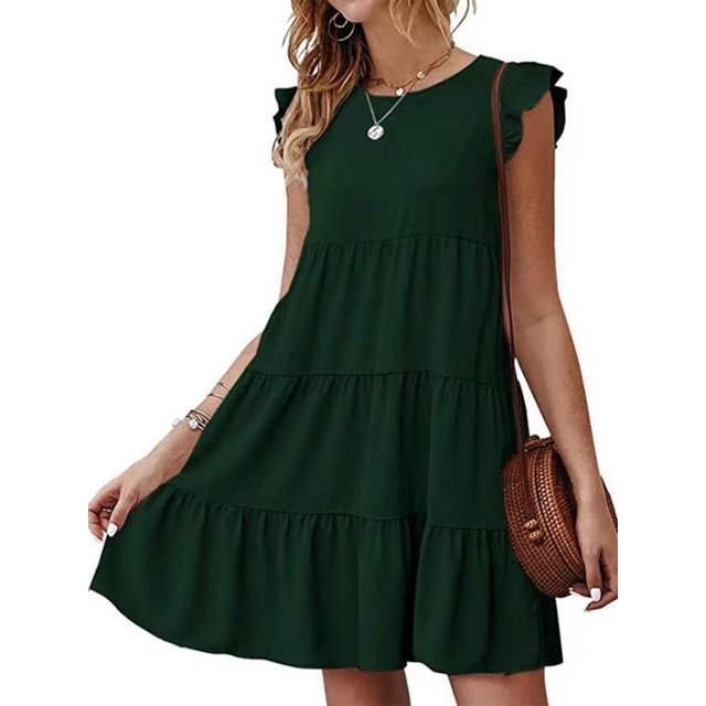 UKAP Ladies T Shirt Dress Swing Sundress Summer Short Mini Dresses Simple Boho Dark Green L