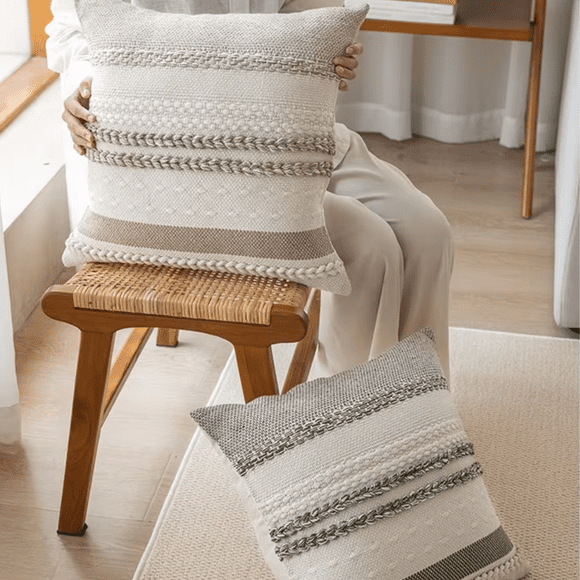 FTCBJJA Set of 2 Farmhouse Throw Pillow Covers 18x18 Striped Neutral Decorative Pillows Cushion Case for Sofa Couch Chair Bedroom Modern Decor, Khaki and Off White
