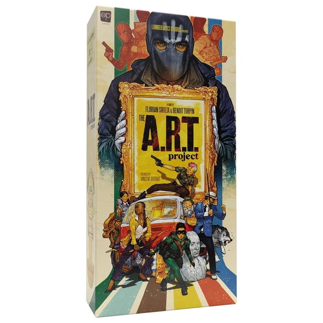 USAopoly The A.R.T. Project Board Game box with illustrated characters armed and posed around a vintage car, holding a large ornate frame displaying the game title, set on a multicolored striped background in green, red, blue, yellow, and brown, reflecting its cooperative art rescue theme.