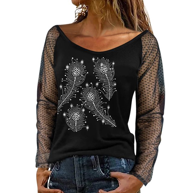WEAIXIMIUNG Chandail Léger pour Femmes de la Saint-Valentin, Aguichant, à Manches Longues, Haut avec Strass en Maille, Design à Col Rond, Haut Automne Hiver, Tenue Décontractée, Chemise à Bretelles, Blouse pour Fête