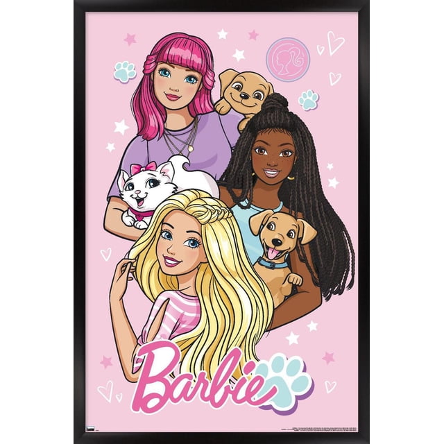 Mattel Barbie - Cute Wall Poster, 22.375" x 34" depicting three girls with different hairstyles holding two playful puppies and a white cat, on a pink background with stars, hearts, paw prints, and the Barbie logo in pink script at the bottom, suitable for decorating bedrooms, kid's rooms, or dorms.