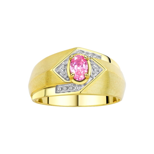 RYLOS Mens Rings Yellow Gold Plated Silver Ring 6X4MM Oval Shape Gemstone & Diamond Ring Pink Ice October Birthstone Rings For Man Silver Rings Size 9