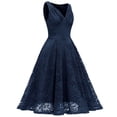 thumbnail image 2 of HKEJIAOI Liquidation d'Économies Robe de Bal Cadeau de la Saint-Valentin Femme Col en V Dentelle à Blocs de Couleur Drapée Patchwork Mignonne Robe de Soirée Formelle Bleu Marine, 2 of 4