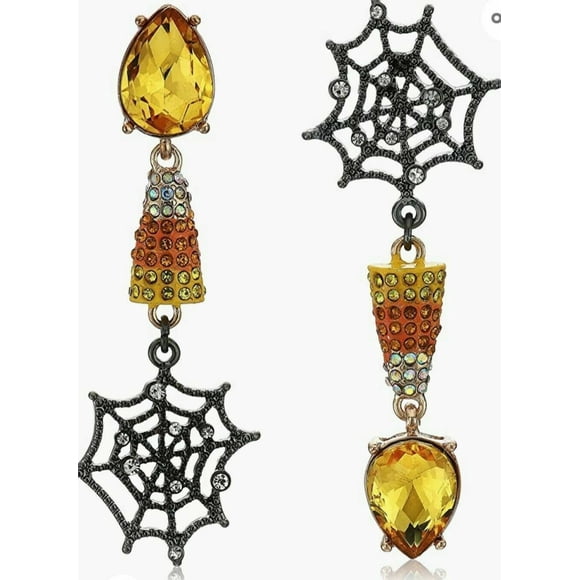 Betsey Johnson Just Treats Spider Web & Candy Corn Mismatch Drop Earrings