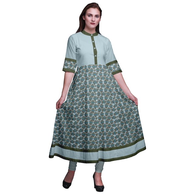 Bimba Robe Anarkali Imprimée à Blocs Feuilles Bleues et Fleurs Kurti Longue pour Femmes Indienne Ligne A Haut Décontracté Tunique -Grand