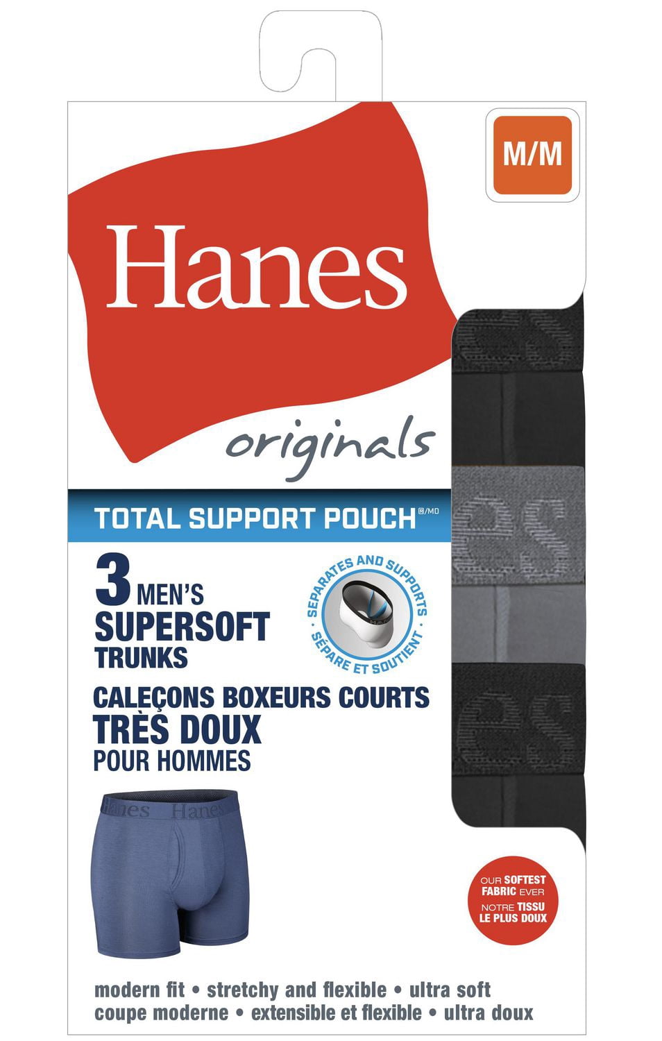Hanes Originals Men's SuperSoft Trunks Underwear, Total Support Pouch, Black