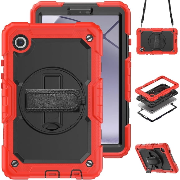 KOMI for Samsung Galaxy Tab A9 Case 8.7-inch 2023 with Built-in Screen Protector Shockproof Adjustable Strap 360 Rotating for SM-X110/X115/X117 Black-Red