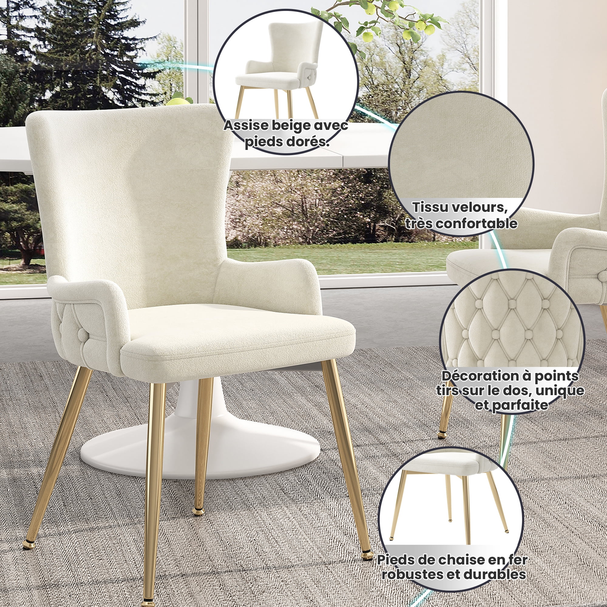 Noble House Ensemble de 4, Chaises de Salle à Manger en Velours, Chaise Capitonnée de Luxe Léger avec Quatre Pieds en Métal Doré, Beige