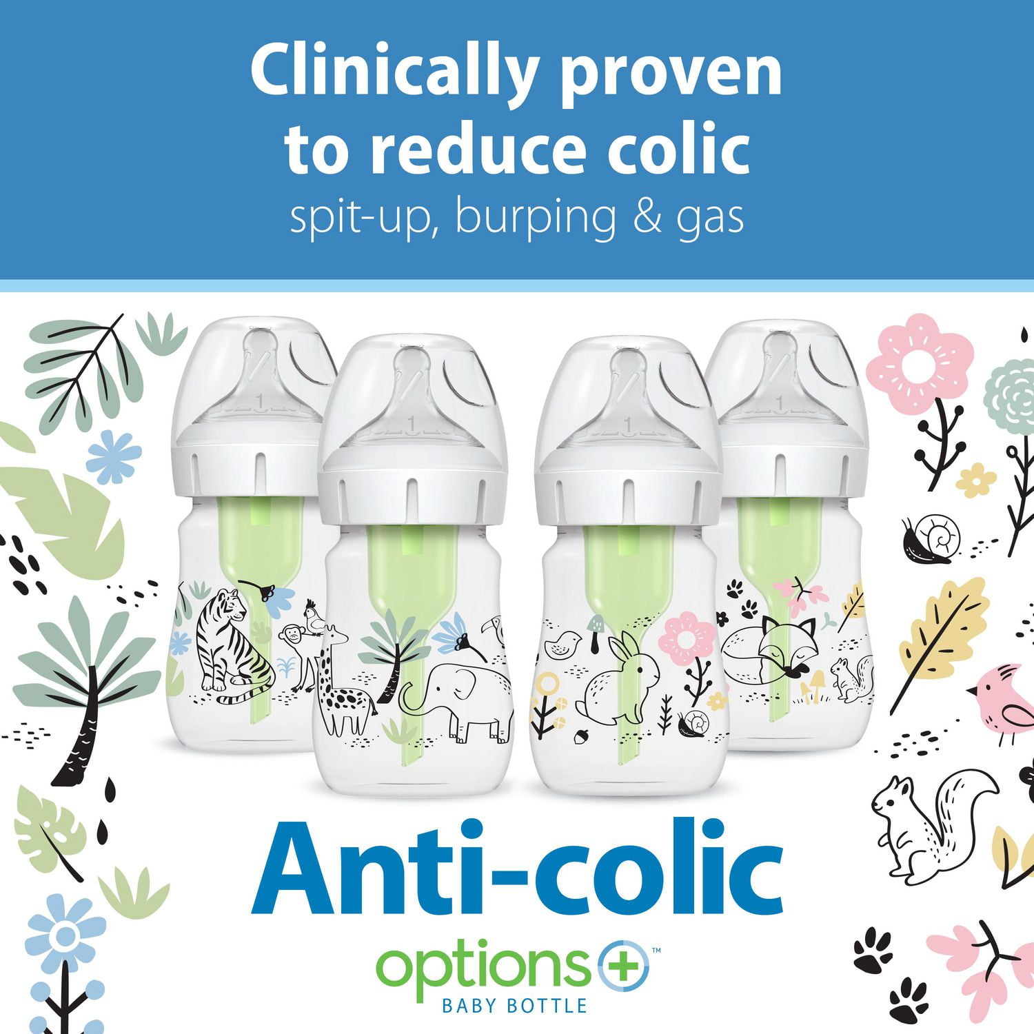 Dr. Brown's Natural Flow Anti-Colic Options+ Wide-Neck Baby Bottle Jungle Designs, 2x5oz Bottles