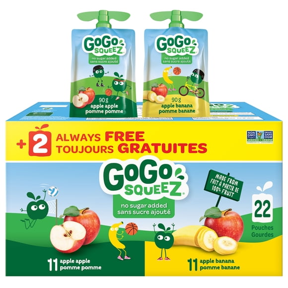 GoGo squeeZ Fruit Sauce Snack Pouches Multi-Pack, Apple Banana, No Sugar Added. 90g per pouch, 22 Pouches