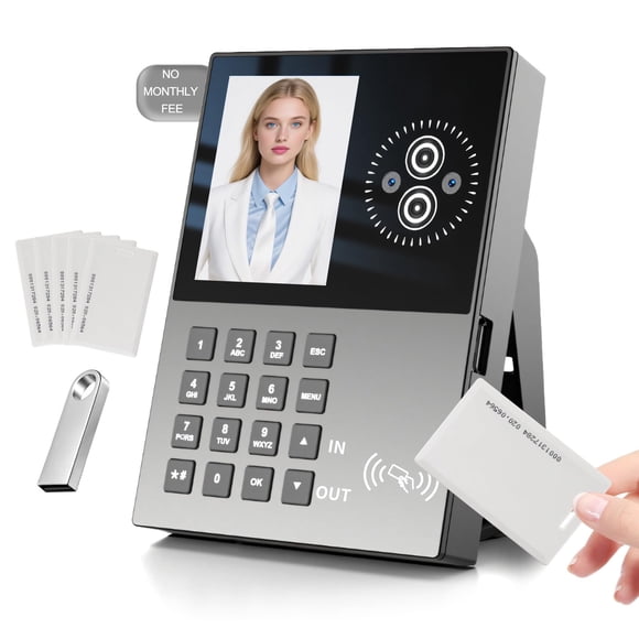 JIAN BOLAND Employee Time Clock-Time Clocks for Employees Small Business Face Recognition,Badges&PIN Attendance Machine, 0 Monthly Fee Office in/Out