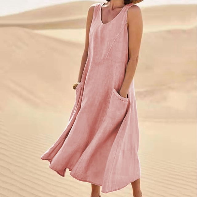 Meichang Robes de Printemps pour Femmes 2024 Robe Unie en Coton et Lin Décontractée à Col Rond Sans Manches Robes Maxi Robe d'Été de Plage et de Soleil avec Poches