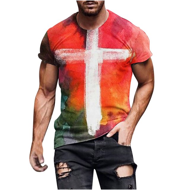 T-shirts pour Hommes Grande Taille, Paquet, T-Shirts pour Hommes de Rue Tendance Décontractés à Imprimé Croix, Col Rond, Manches Courtes, Chemises pour Hommes, Mode, Hauts d'Été, Liquidation en Liquidation (Jaune, 3TG)