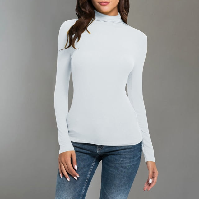 Mefallenssiah Mode Femmes Col Roulé Uni Manches Longues Tricot T-Shirt Ajusté Blouse Hauts Blanc TG