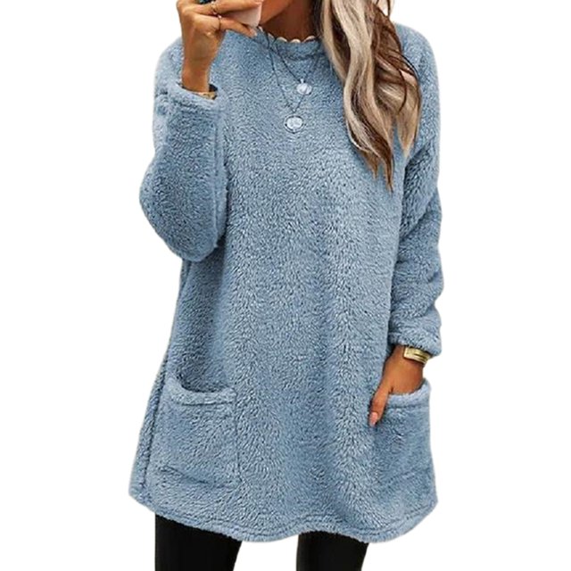 LUXUR Women Fuzzy Fleece T Shirt Loose Work Tops Light Blue L