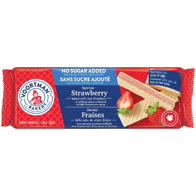 No Sugar Added Strawberry Wafer Cookies by Voortman Bakery in a 250g red and blue package featuring strawberry-flavored wafer cookies made with real strawberries, no artificial colors or flavors, no high-fructose corn syrup, and baked with milk and eggs, suitable for anytime snacking.