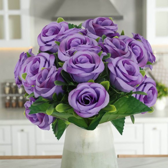 HBYJLZYG 8.6" Tall Artificial Flower Bridal Bouquet, Purple Fake Wedding Flowers with Foliage, Lifelike Home Decor Centerpiece for Party Table, Silk Peony Rose Arrangement