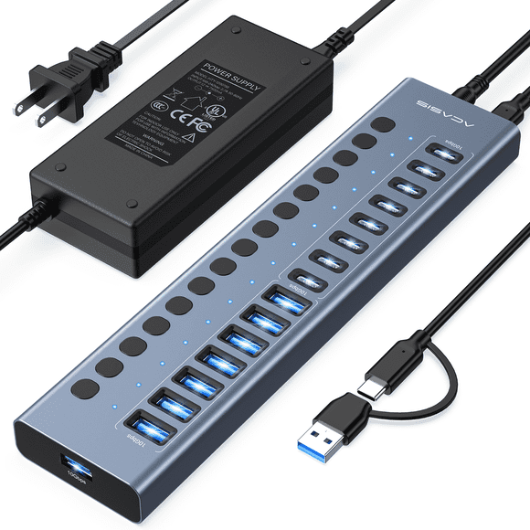 ACASIS Concentrateur USB 16 Ports 3.2 Gen 2 Alimenté, Concentrateur USB 10Gbps avec 8 Ports USB-A et 8 Ports USB-C, Adaptateur 96W pour Portable, PC, Mac, SSD, Téléphone – Échange à Chaud, Branchez et Utilisez