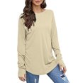 thumbnail image 2 of Tuniques à Manches Longues pour Femmes avec Trous pour les Pouces, Couleur Unie, T-Shirts Décontractés Amples, Automne, Tendance, Col Rond, Chandail à Enfiler, Blouses, Beige, M, 2 of 6