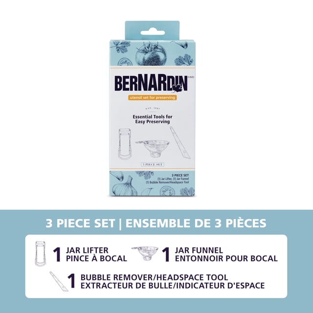 Bernardin Canning and Preserving Utensil Set, 3-Piece Kit in retail packaging showing jar lifter, jar funnel, and bubble remover/headspace tool illustrations, heat-resistant and dishwasher-safe utensils ideal for home canning and preserving jams, pickles, and salsa.