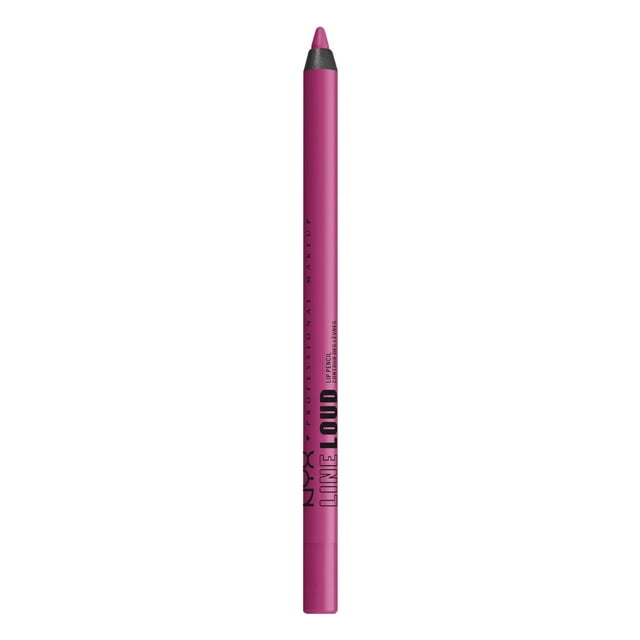 NYX PROFESSIONAL MAKEUP Line Loud Waterproof Lip Pencil in bright pink with smooth matte finish, slim cylindrical shape with black tip base and printed branding, designed for long-lasting, precise lip lining infused with vitamin E and jojoba oil for soft lips, also suitable for defining lip contours with a creamy, vegan formula.