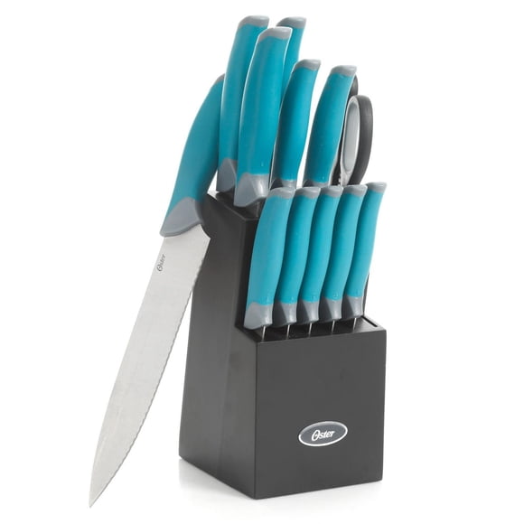 Oster Lindbergh Ménagère de 14 pièces en acier inoxydable avec bloc de bois teinté, bleu sarcelle