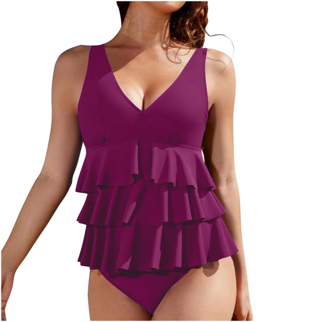 Dvprdro Tankinis pour Femmes Été Col en V Froncé à Volants Maillots de Bain Unis