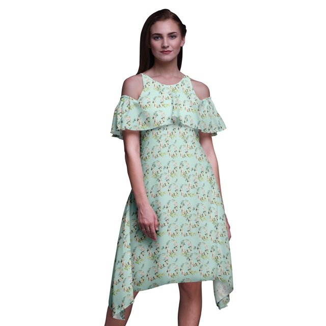 Bimba Green Floral Print Flutter Sleeve Womens Party Tunic Cold Shoulder Midi Dress - X-Small