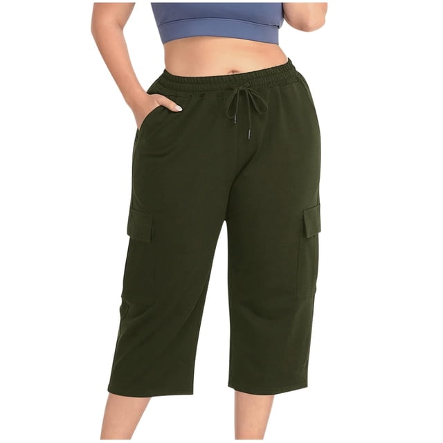 Wlynlyn Plus Size Capri Pants for Women Drawstring High Waisted Sweatpants Straight Leg Summer Cropped Trousers Size XXL