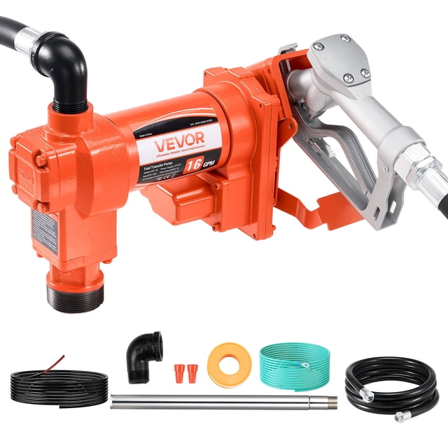 VEVOR Fuel Transfer Pump 12V DC 16 GPM with Hose & Nozzle for Gasoline Diesel. The pump features a durable orange aluminum alloy and cast iron construction, a manual fuel nozzle, and a 13 ft outlet hose for long-distance fueling. It operates with a 16 GPM flow rate and includes accessories like a telescoping suction hose, grounding wire, and oil drip tray. Compatible with gasoline, diesel, and kerosene, it is ideal for automotive and equipment refueling.