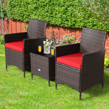 Gymax Ensemble de Conversation en Rotin d'Extérieur 3 Pcs Ensemble de Mobilier de Patio avec Coussins Rouges