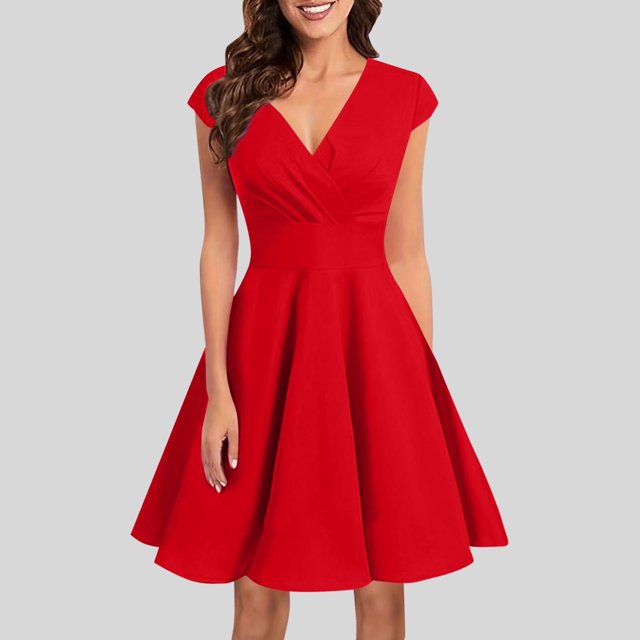 Ovzne Robes d'Été pour Femmes Robe de Plage Robes d'Été pour Femmes Couleur Unie Robes à Col en V à Manches Courtes Robe d'Été à Manches Courtes Liquidation