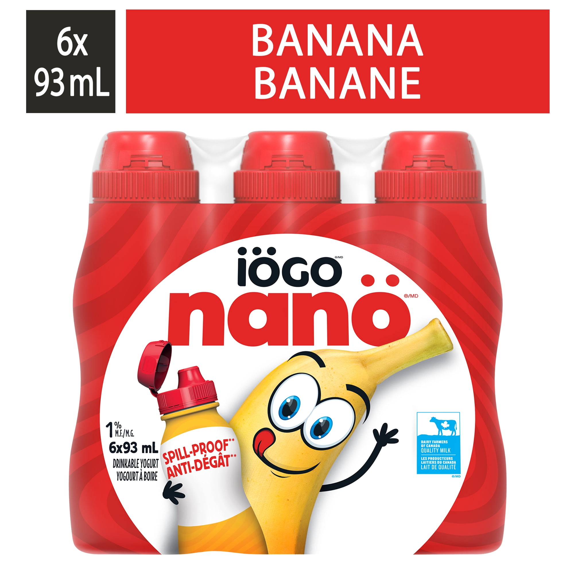 iÖGO nanö Bouteille de yogourt à boire 93 ml, Banane, 1 %, Boisson au yogourt, paquet de 6