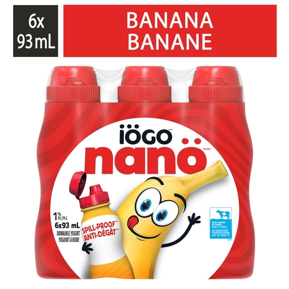 iÖGO nanö Bouteille de yogourt à boire 93 ml, Banane, 1 %, Boisson au yogourt, paquet de 6