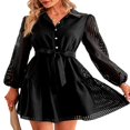 thumbnail image 2 of Printemps Automne Robe Décontractée Couleur Unie Bouton de Revers à Manches Longues une Ligne Robe avec Ceinture Noire M, 2 of 8