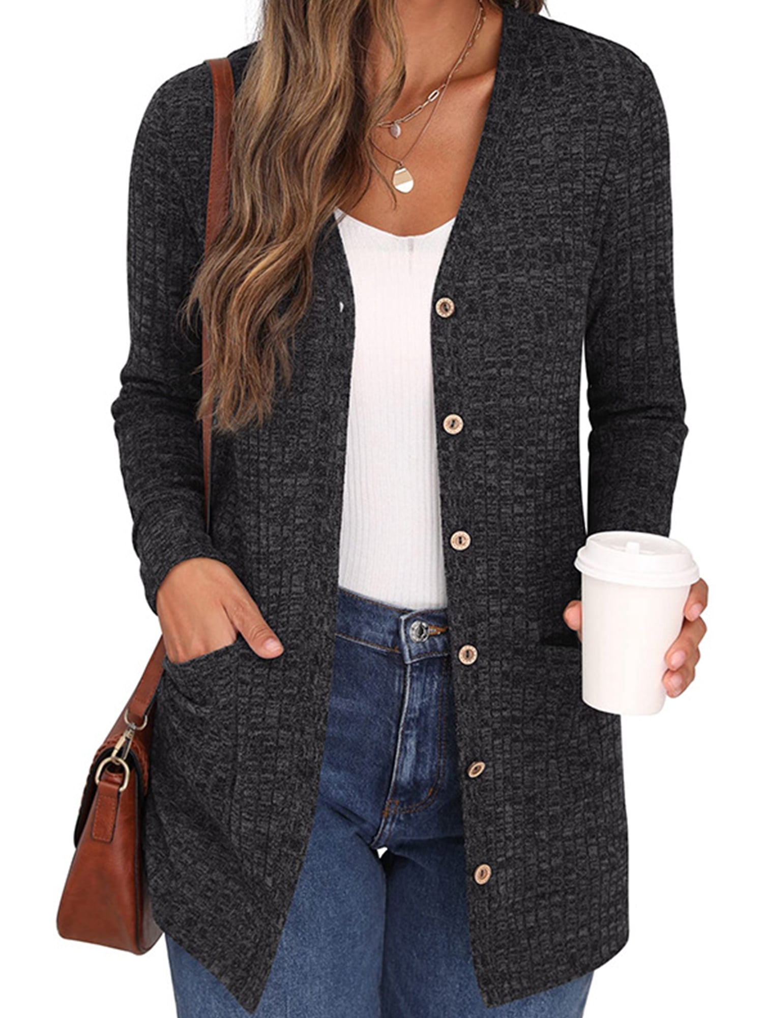 Innerwin Cardigan Sweater Long Sleeve Ladies Outwear Holiday Solid Color Soft Cardigans Black XS
