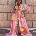 thumbnail image 2 of Women Summer Flower Print Loose Fit V Neck Button High Split Long Dress, 2 of 8