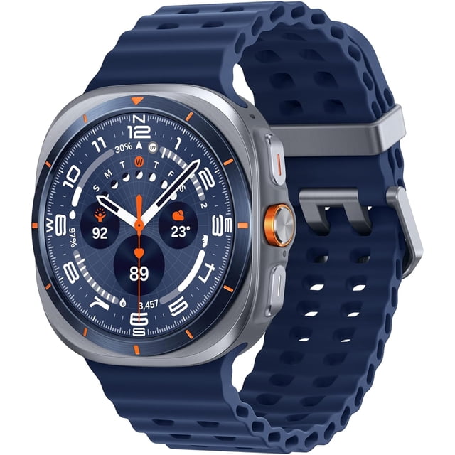 Samsung Galaxy Watch Ultra 2025 (Latest Version – Brand New) 47mm GPS + LTE AI Smartwatch with a durable titanium casing and cushion design. The smartwatch features a vibrant circular display with a blue perforated strap and an orange-accented quick button. Equipped with advanced AI-powered health monitoring, including heart rate tracking, running coach, and bedtime guidance. Offers turn-by-turn navigation with GPS, LTE connectivity for calls and texts, and 64GB storage. Designed for durability with up to 100 hours of battery life. International version with a 3-month seller-provided warranty.
