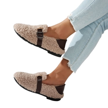 Dakaela Women's Plush Ballet Flats Orthopedic Slip on Mary Jane Flat Shoes Buckle Strap Causal Fuzzy Daily Dress Loafers Khaki 5.5
