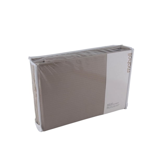 Ambassador 600 Thread Count Maholi Tuxedo Stripe Cotton Sheet Set in sand color, folded and packaged in a clear plastic cover with white trim, showing a subtle dobby pinstripe pattern and a white label with 'maholi' branding and product details, ideal for bedroom bedding sets.