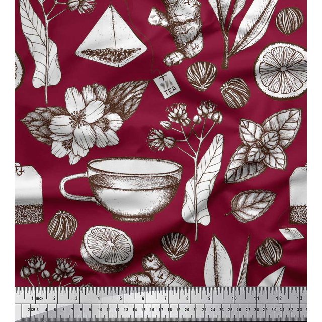 Soimoi Rayon Crepe Fabric Tea Cup,Lemon Slice & Ginger Vegetable Printed Craft Fabric by the Yard 46 Inch Wide