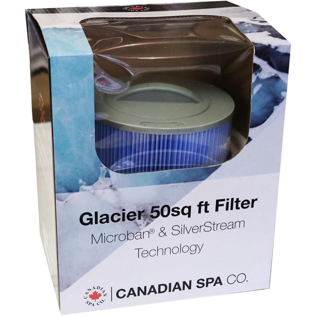 Glacier Single Filter showing a blue pleated cartridge with a gray handle inside packaging labeled Glacier 50sq ft Filter with Microban and SilverStream antimicrobial technology by Canadian Spa Company, ideal for outdoor pool and spa water filtration.