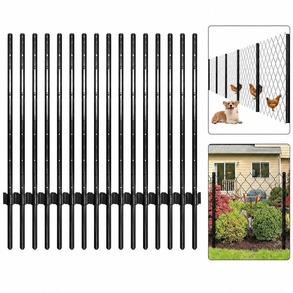 4ft Fence Posts, Pack of 15 - Sturdy Metal U-Posts & Step-in Stakes | No Digging Poles for Garden Wire Fencing and Yard Signs, Black