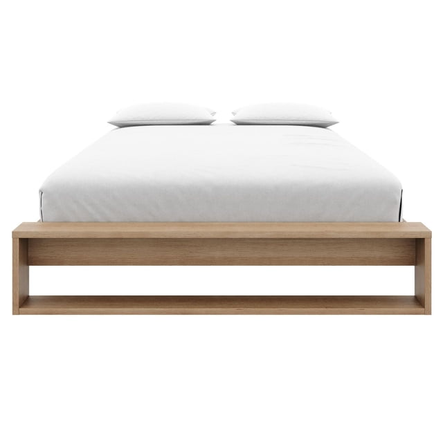 Lit Plateforme Format Grand Gael avec Lattes en Fini Bois Naturel, Vue Orientée vers l'Avant Montrant un Cadre Rectangulaire Minimaliste avec base à Lattes Ouvertes Supportant un Matelas Blanc et Deux Oreillers, Conçu pour les Chambres Modernes Sans Besoin de Sommier.